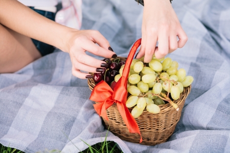Enjoying picnic outdoors with healthy foodの写真素材