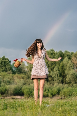 Young brunette woman enjoying picnicの写真素材