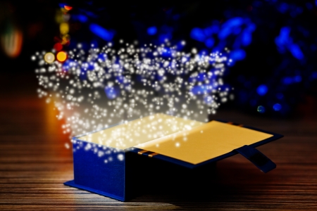Christmas background with gift box in focus. Shallow depth of fieldの写真素材