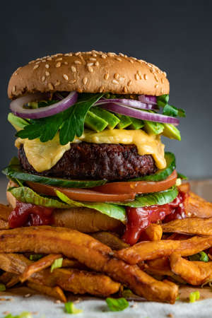 Homemade plant based burger with sweet potato fries around. Vegan.の写真素材