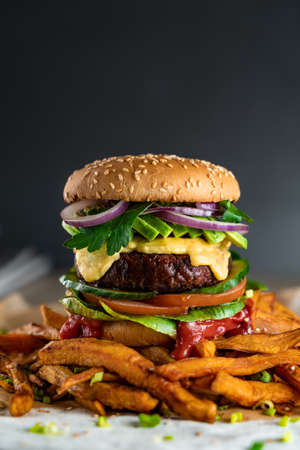 Homemade plant based burger with sweet potato fries around. Vegan.の写真素材