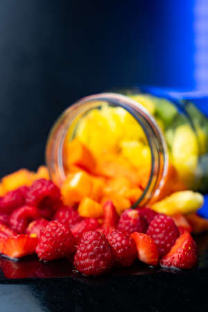 Fresh fruit salad in glass jar.の写真素材