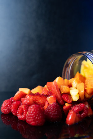 Fresh fruit salad in glass jar.の写真素材