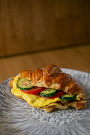 a croissant filled with vegetables cucumber tomato and fried eggs omelet on a gray plate on a wooden background, top viewの写真素材