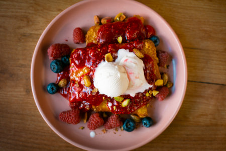 Plate of delicious Chocolate Belgian Waffles with ice cream and blueberry on table top viewの写真素材