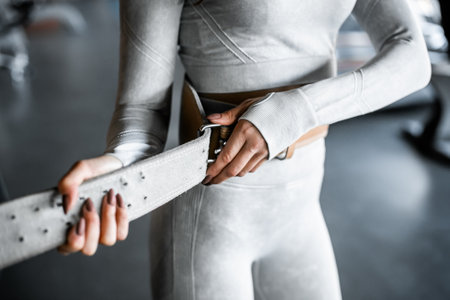 Sporty woman fastens the gym belt for lumbar protection in the gymの写真素材