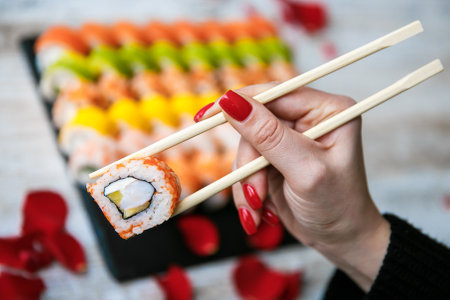 Assorted Japanese sushi rolls on black background. Asian or Japanese food frameの写真素材