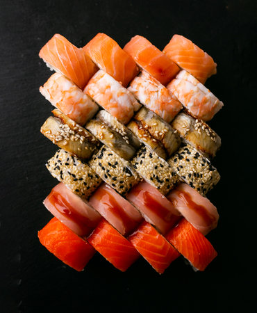 Assorted japanese sushi rolls on black background.