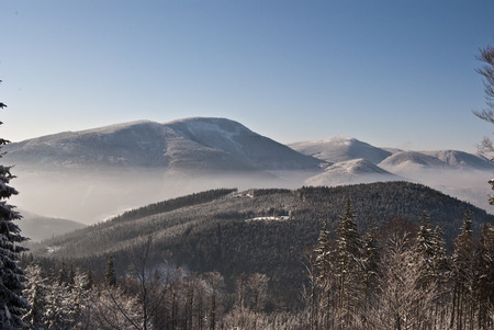 winter mountain view to Smrk from Butoranka near Ostravice in Moravskoslezske Beskydy
