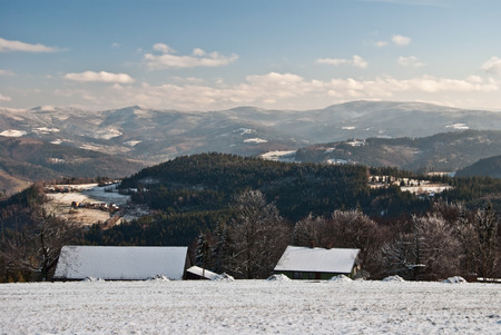 winter Beskid Slaski panorama from Cieslar hill on polishczech bordersの写真素材