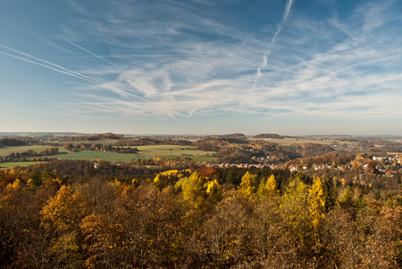 panorama of autumn Elstertal valley with Elstertalbrucke from Julius-Mosen-Turm lookout above Pohl dam near Plauen in Saxonyの写真素材