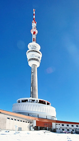 TV transmitter on Praded hill in winter Jeseniky mountains with clear skyのeditorial素材