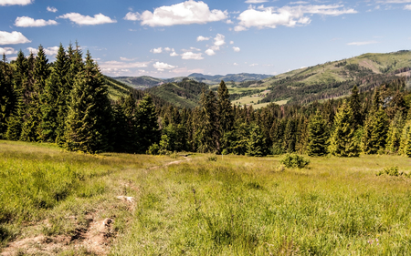 mountain meadow with pathway, hills on the background and blue sky in spring Kysucke Beskydy mountains above Vychylovkaの写真素材