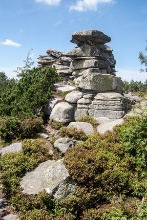 Trojmezna (Bayersicher Plockenstein) hill with rock formation in Sumava (Bayerischer Wald) mountainsの写真素材