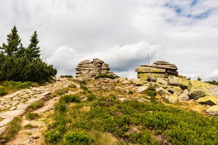 Divci kameny rocks with stone hiking trail in Krkonose mountains on czech - polish borderの写真素材