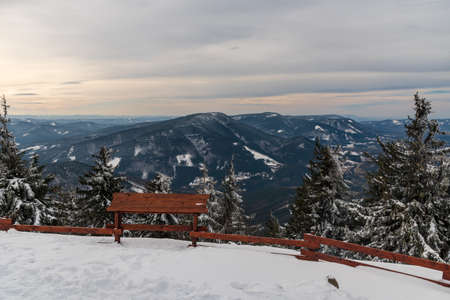 Radhost, Knehyne, Smrk and many other hills  from Lysa hora hill in winter Moravskoslezske Beskydy...