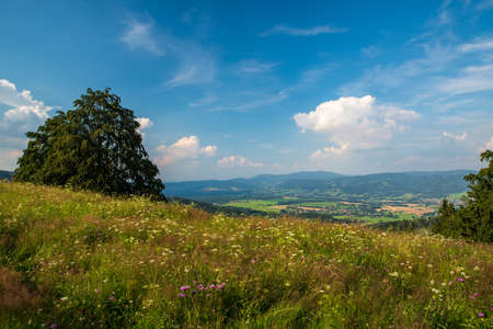 View from Mala Kykula hill near Jablunkov town in Moravskoslezske Beskydy mountains in Czech...