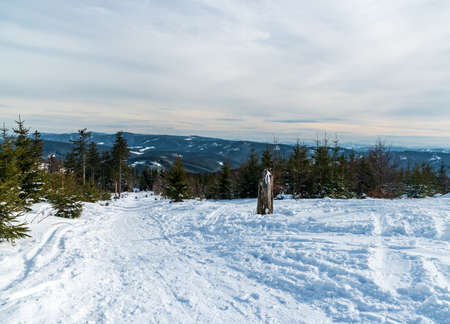 View from hiking trail between Lysa hora hill and Visalaje settlement near Zimny hill summit in winter Moravskoslezske Beskydy mountainsin Czech republicの写真素材