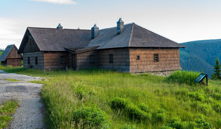 Wooden Frantiskova myslivna hut in Jeseniky mountains in Czech republicのeditorial素材