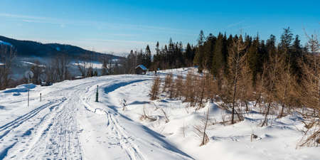 winter on Cienkow mountain ridge in Beskid Slaski mountains in Poland with snow covered trail,...
