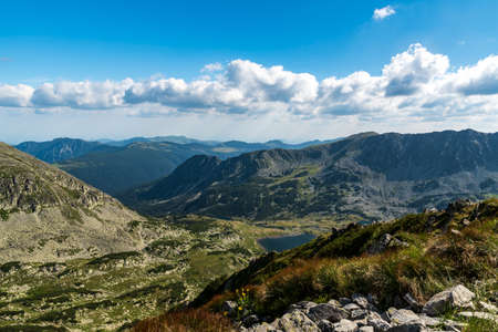 View from Custura Bucurei mountain peak above Bucura lake in Retezat mountains in Romaniaの写真素材