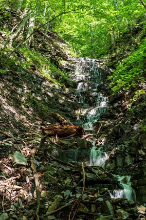 Vysuty vodopad waterfall with trees around above Moravka village in Moravskoslezske Beskydy mountains in Czech republicの写真素材