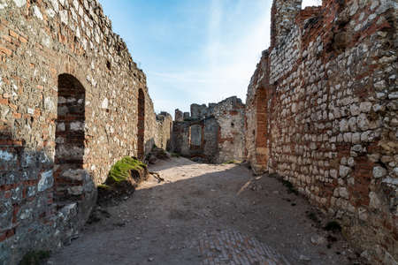 Divci hrad castle ruins in Palava mountais in Czech republic during springtime eveningの写真素材