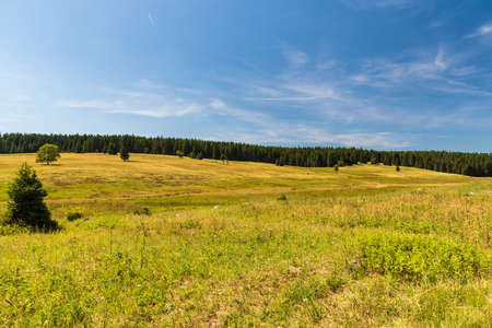 Beutiful Krusne hory mountains near former Jeleni settlement in Czech republic near borders with Austria during summer day with blue skyの写真素材