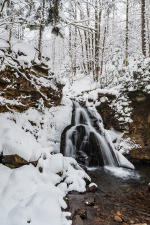 Rodla cascades waterfalls on Biala Wiselka river in winter Beskid Slaski mountains in Polandの写真素材