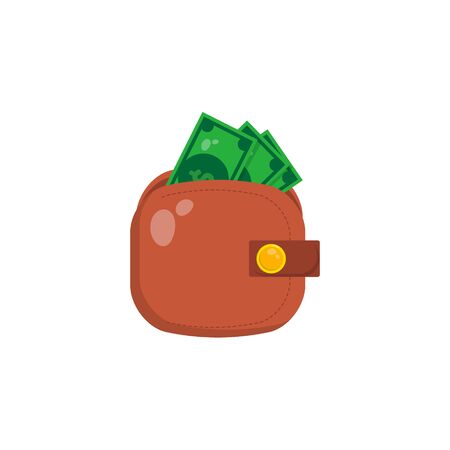 Cute wallet with dollar banknotes and coins money. cartoon style. vector illustration. Economic conceptのイラスト素材
