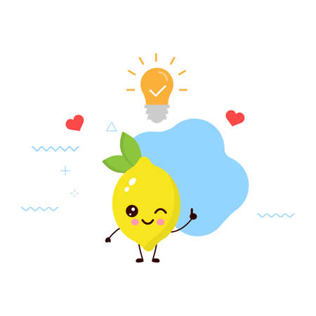 Cute happy smiling lemon character got The Idea with Bulb.card or poster design.のイラスト素材