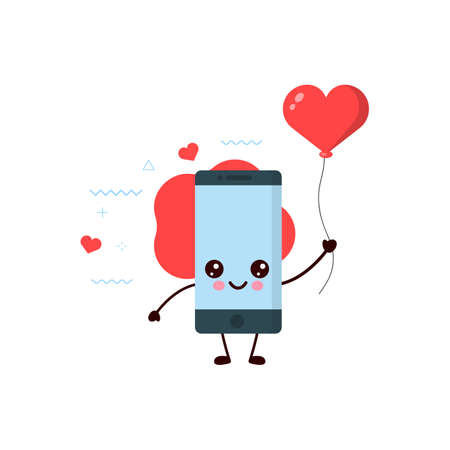 Cute happy smiling smartphone with Red heart balloon.card or poster design.kawaii cartoon illustration.cute illustration for children.のイラスト素材