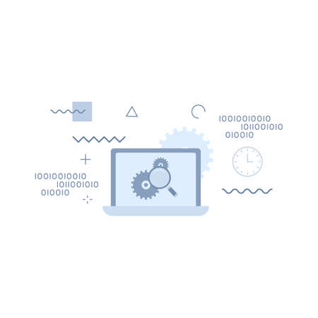 computer monitor with gears and magnifying glass banner concepts. computer monitor with gears and magnifying glass vector illustration concept.Simple vector icon. Design for web UI, mobile app, banner, poster.のイラスト素材
