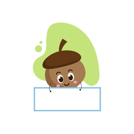 cute acorn hold banner mascot design vector.illustration for business, t shirt, sticker, card or poster design.shopping bag kawaii cartoon illustration.funny vector illustration.のイラスト素材