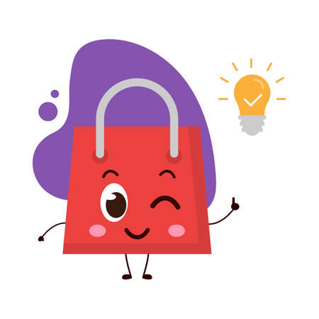 cute shopping bag with bulb have idea.illustration for business, t shirt, sticker, card or poster design.shopping bag kawaii cartoon illustration.funny vector illustration.のイラスト素材