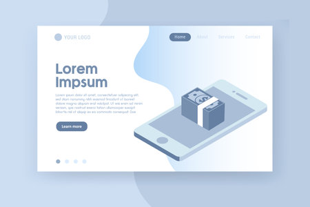 isometric smartphone with dollar banknote banner concept. design for web UI, mobile upp, banner,Social Media Networking, Internet Accounting Website Landing Page, Web Page, poster.Vector illustrationのイラスト素材