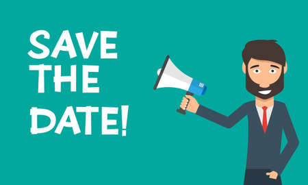 save the date concept - man holding megaphone with comic text. Trendy flat vector concept. cartoon vector illustration.hand drawn and outline effect.のイラスト素材