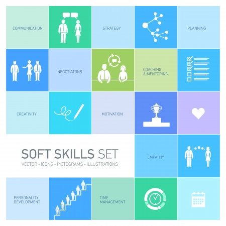 Soft skills vector icons and pictograms set black on colorfulf backgroundのイラスト素材