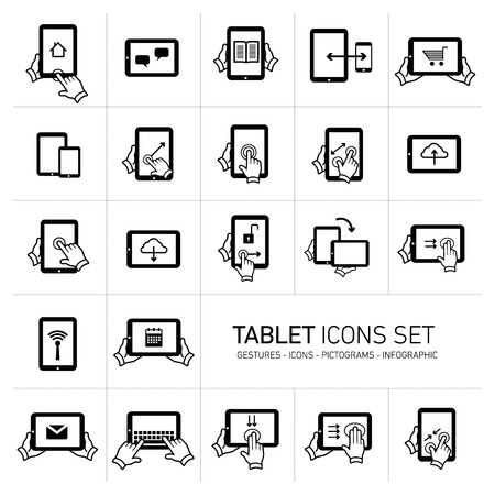 Vector tablet icons set with gestures and pictograms | flat design infographic black on white のイラスト素材