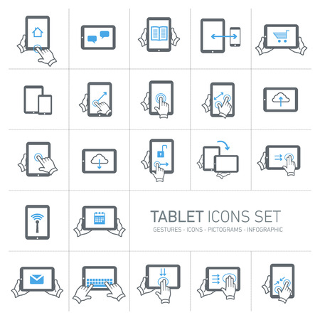 Vector tablet icons set with gestures and pictograms | flat design infographic grey and blue on white backgroundのイラスト素材