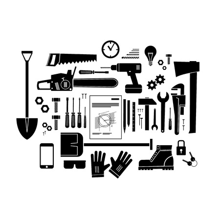 Vector flat design modern illustration icons set of craft, tools and equipment | craftsman infographics in black color Isolated on white backgroundのイラスト素材