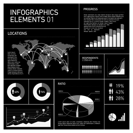 vector flat design infographics elements, business information graphic white on black backgroundのイラスト素材