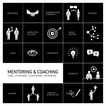 vector abstract mentoring and coaching icons and pictograms set of skills and solutions | flat design infographics white on black backgroundのイラスト素材