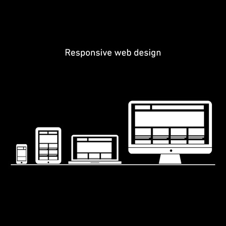 responsive web design on different devices | vector flat design infographic white on black backgroundのイラスト素材