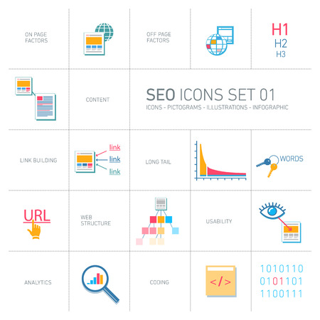 vector seo icons business set | flat design infographic pictograms for webdesign or search engine optimalisation colorful on white backgroundのイラスト素材