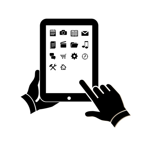 Flat design vector illustration of tablet using with one hand holding and touching icons on screen with finger. black infographic isolated on white backgroundのイラスト素材