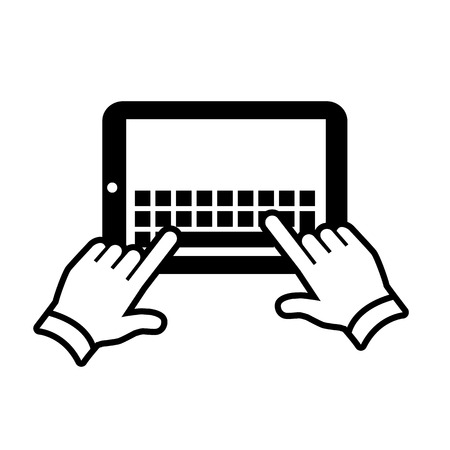 vector modern flat design tablet touch screen writing icon tapping by fingers on virtual keyboard black isolated on white backgroundのイラスト素材