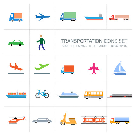 colofrful modern vector flat design transportation icons set and pictograms isolated on white backgroundのイラスト素材