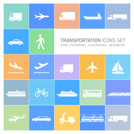 vector flat design simple transportation icons set and pictograms white isolated on colorful backgroundのイラスト素材