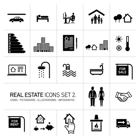 vector real estate icons set modern flat design pictograms black isolated on white backgroundのイラスト素材